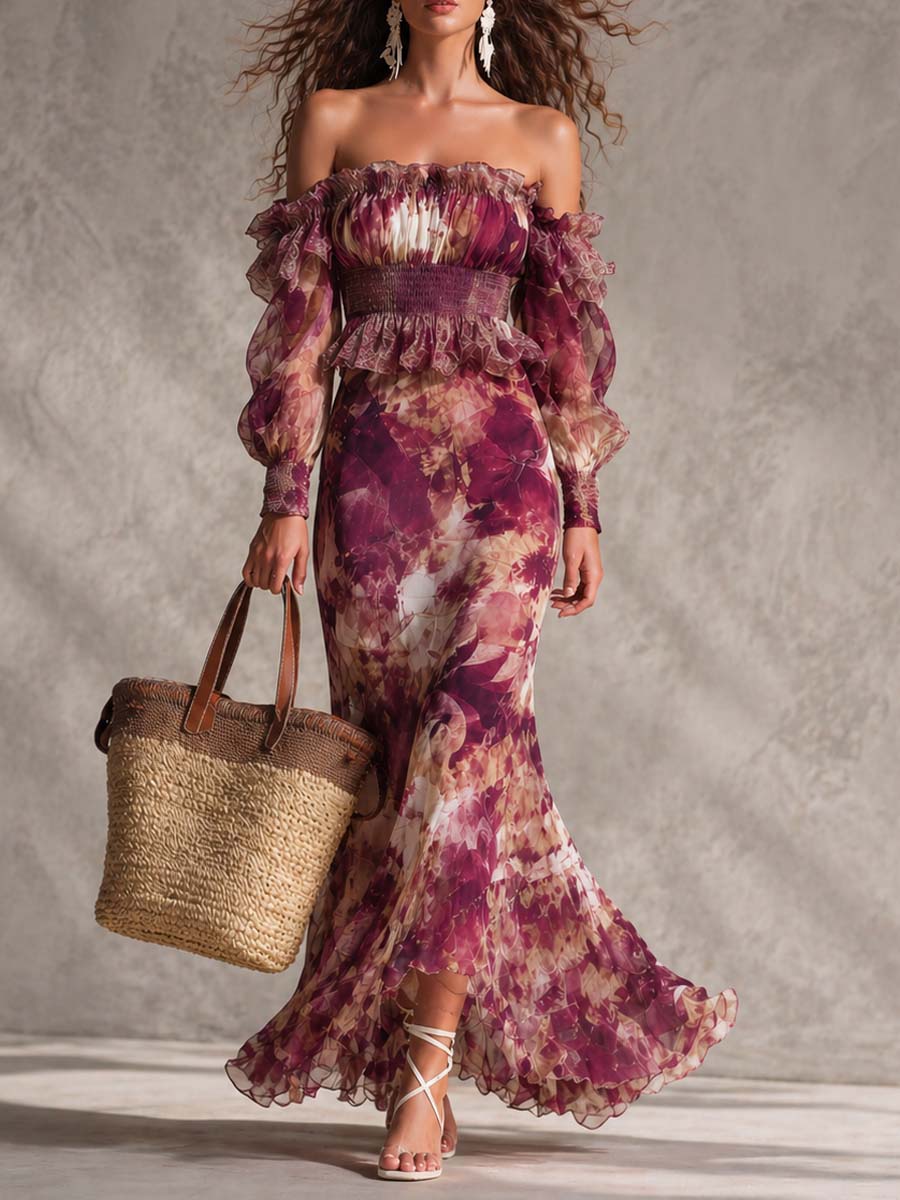 Robe Maxi in Mousseline Rosa Spalle Scoperte con Fiori