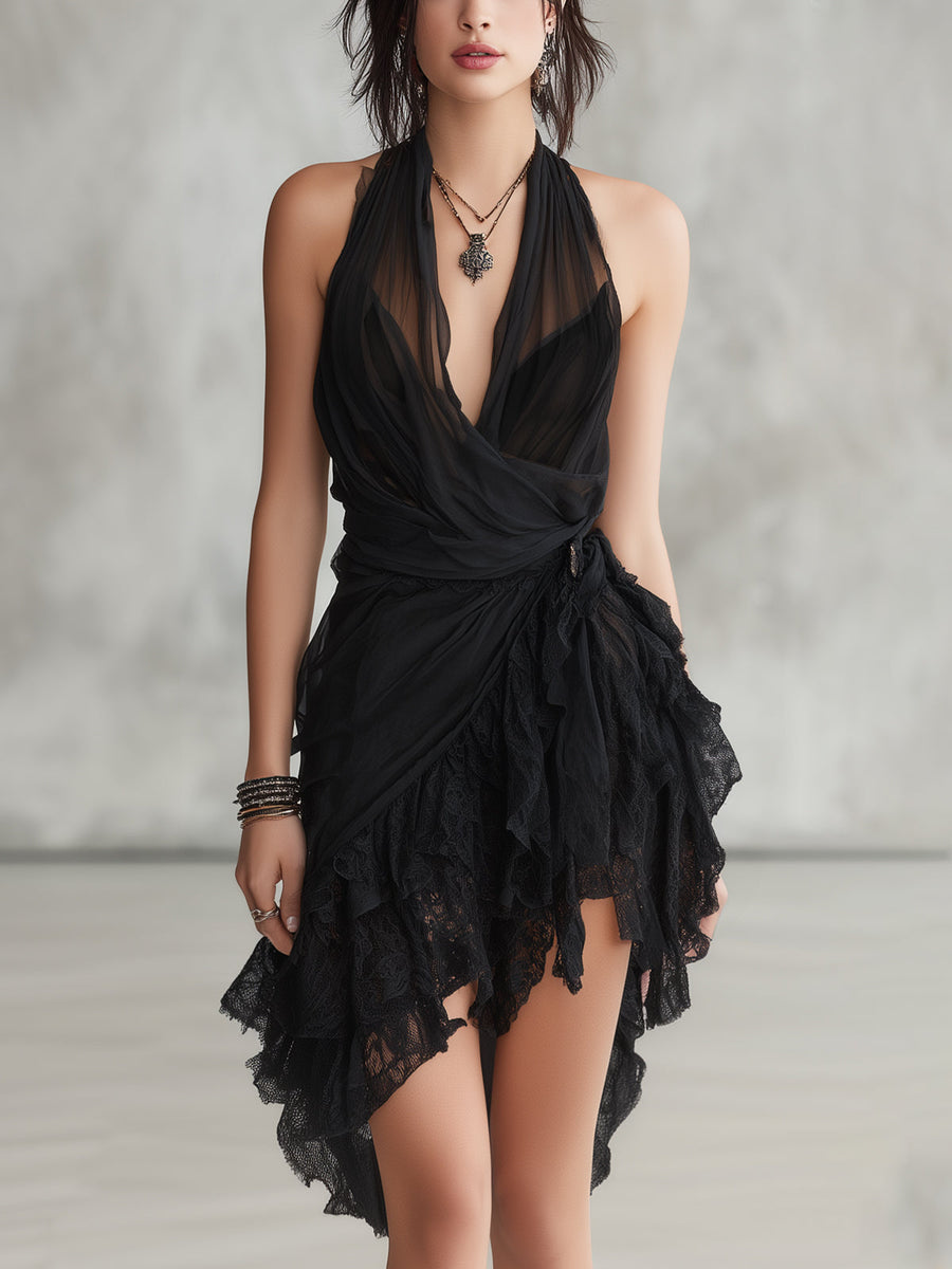 Abito Mini Ruffled in Pizzo con Scollo Halter Nero