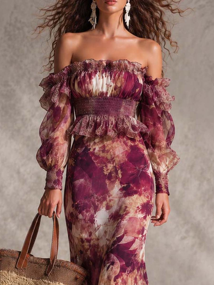 Robe Maxi in Mousseline Rosa Spalle Scoperte con Fiori