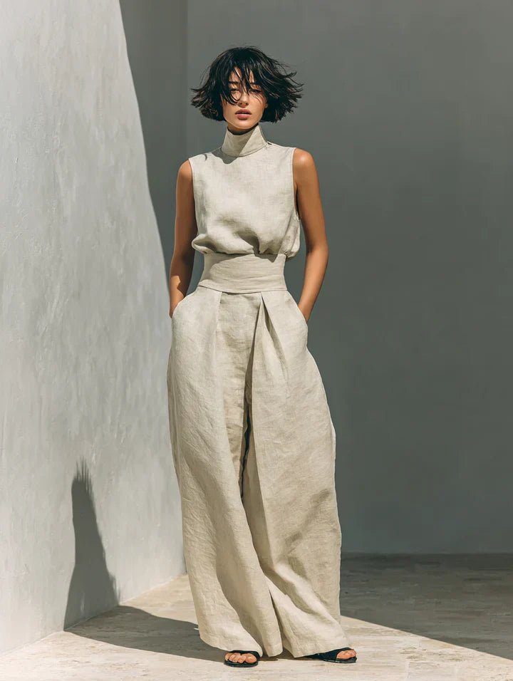 Flor™ | Completo minimalista di canotta e pantaloni a gamba larga in cotone e lino per donna