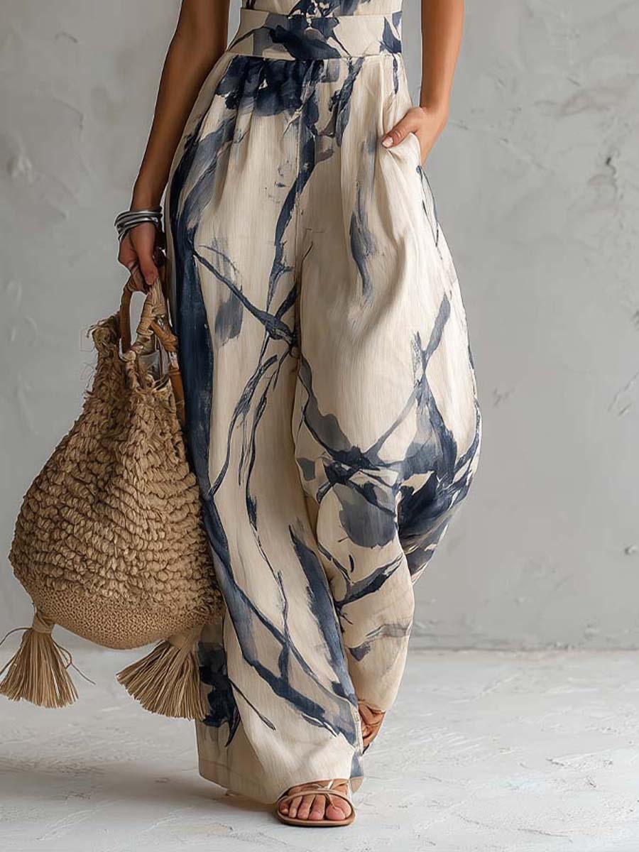 Combinazione Pantaloni Larghi con Collo a Filo Stampato Lavaggio d'Inchiostro con Tasche