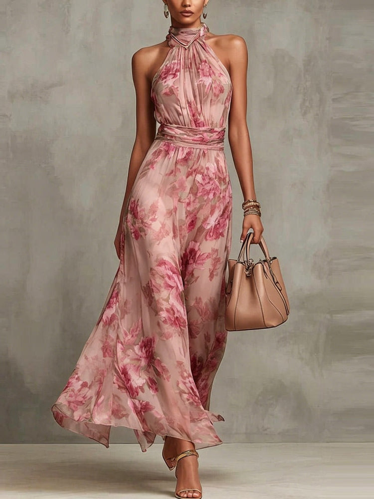 Abito Maxi Halter in Chiffon Verde a Fiori