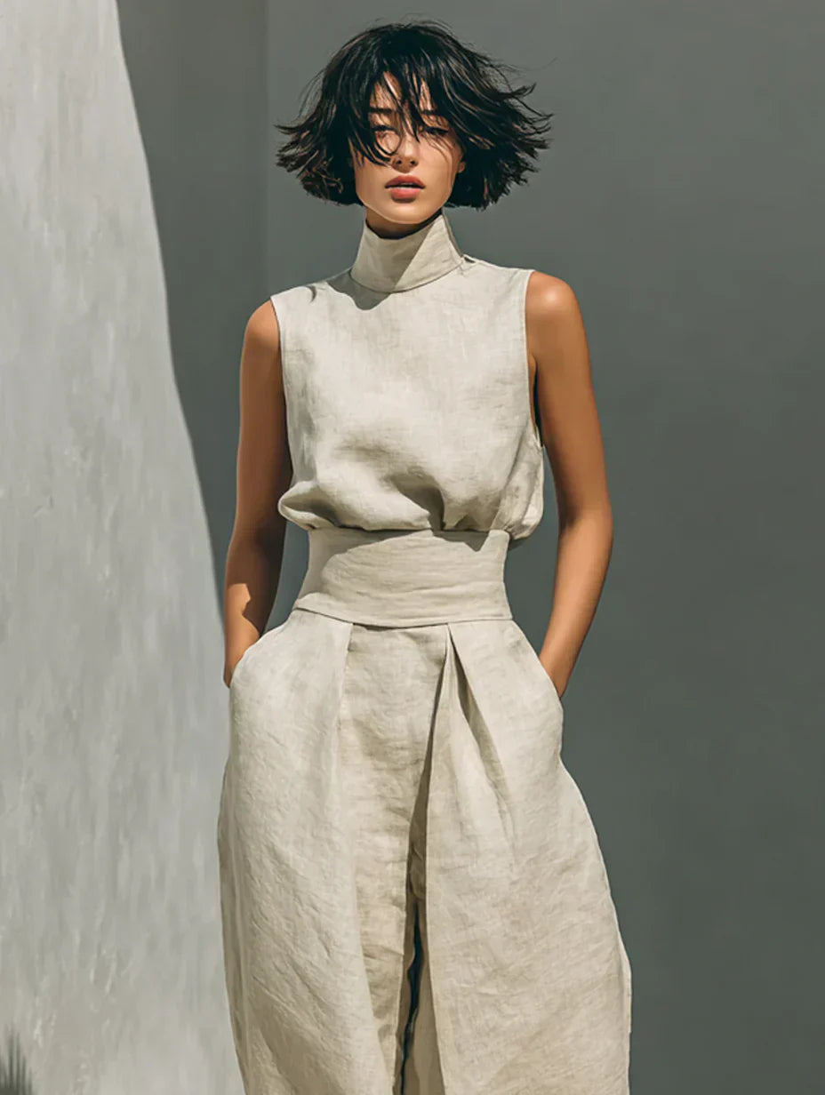 Flor™ | Completo minimalista di canotta e pantaloni a gamba larga in cotone e lino per donna
