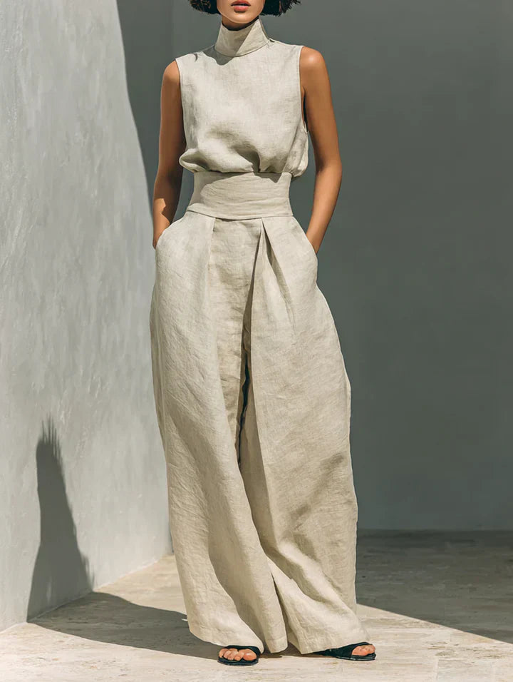 Flor™ | Completo minimalista di canotta e pantaloni a gamba larga in cotone e lino per donna