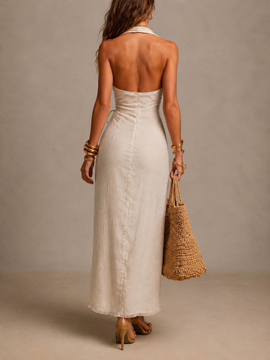 Tatiana | Abito Midi in Lino Naturale con Scollo Incrociato e Pizzo