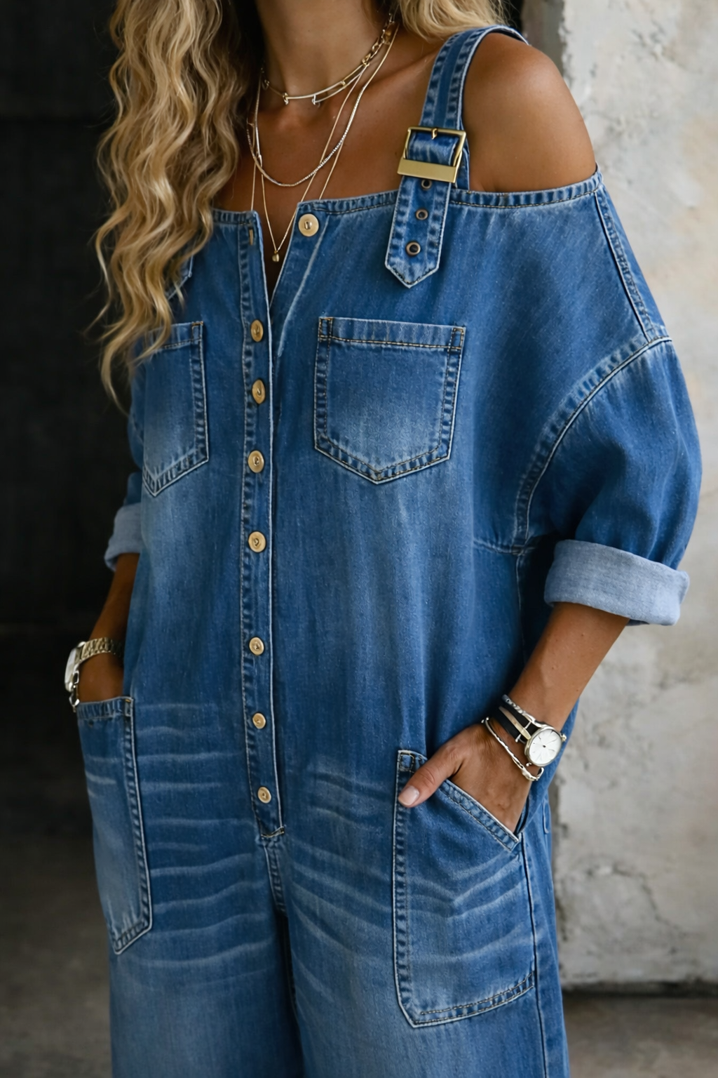 Milena | Abito maxi in denim con spalle scoperte dal fascino urban chic
