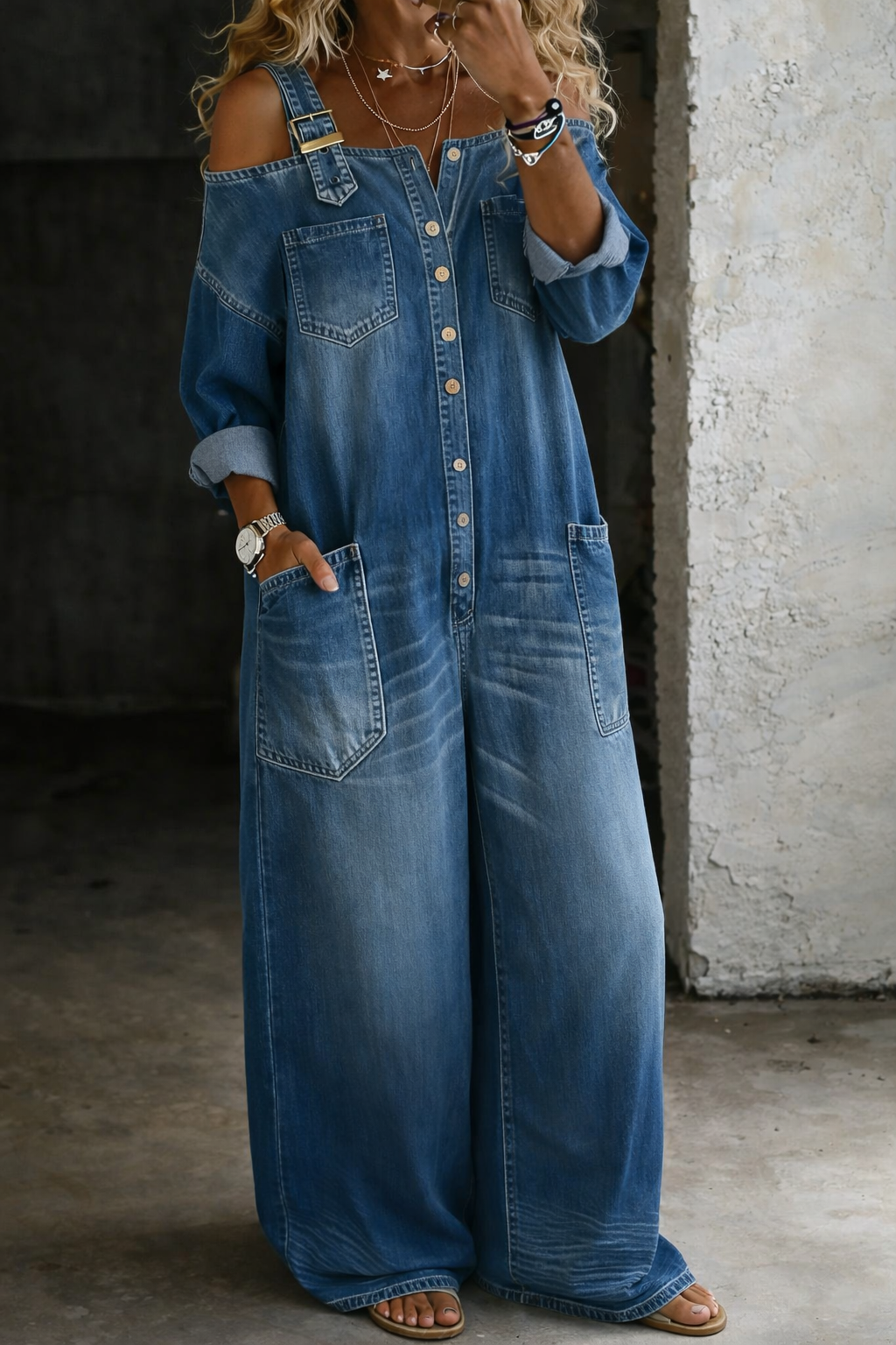 Milena | Abito maxi in denim con spalle scoperte dal fascino urban chic