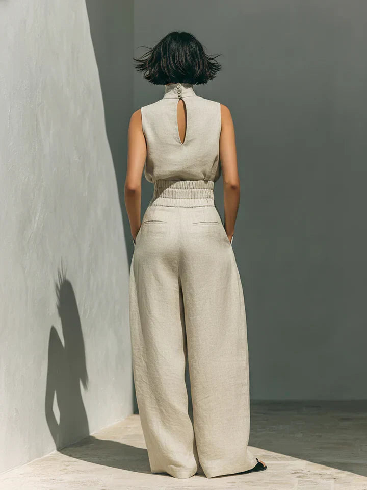 Flor™ | Completo minimalista di canotta e pantaloni a gamba larga in cotone e lino per donna