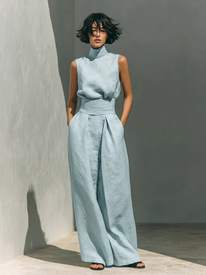 Flor™ | Completo minimalista di canotta e pantaloni a gamba larga in cotone e lino per donna