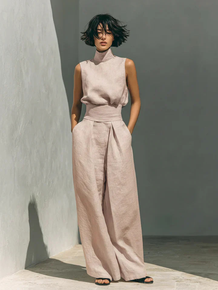 Flor™ | Completo minimalista di canotta e pantaloni a gamba larga in cotone e lino per donna