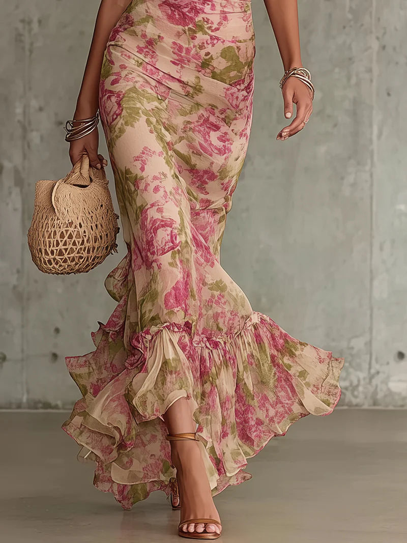Robe Maxi Vintage con Stampa di Rose e Maniche Puff (Accessori non inclusi)