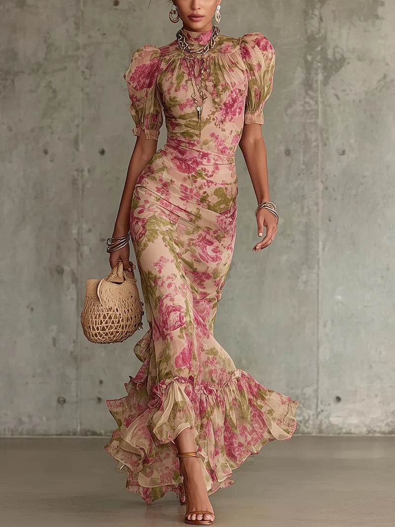 Robe Maxi Vintage con Stampa di Rose e Maniche Puff (Accessori non inclusi)