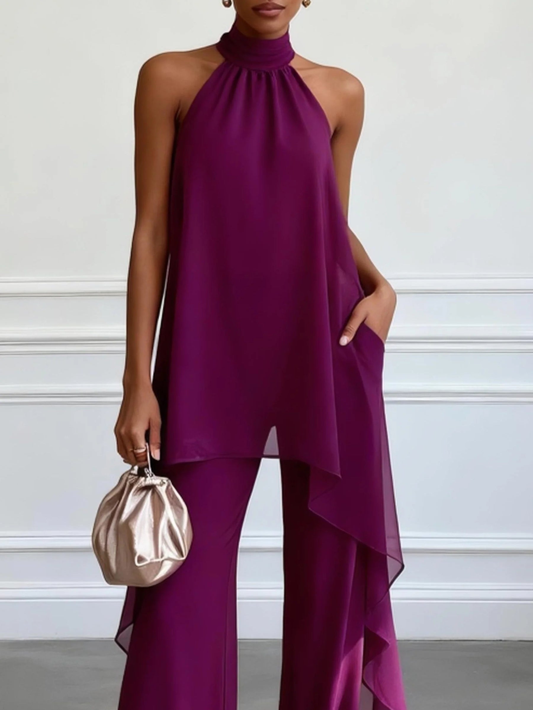 Completo Due Pezzi Viola: Top Elegante Collo Licou Senza Maniche e Pantalone
