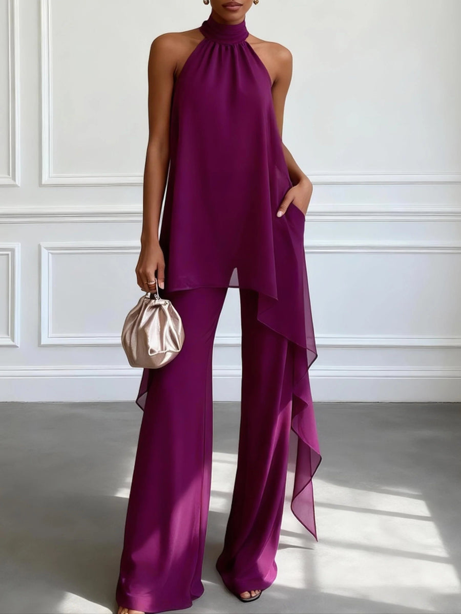 Completo Due Pezzi Viola: Top Elegante Collo Licou Senza Maniche e Pantalone