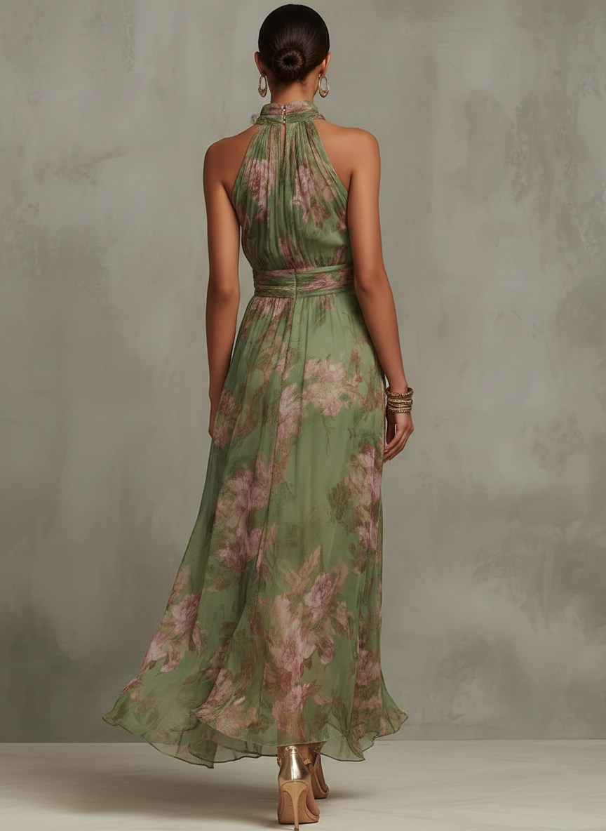 Abito Maxi Halter in Chiffon Verde a Fiori