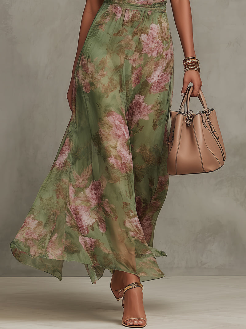 Abito Maxi Halter in Chiffon Verde a Fiori