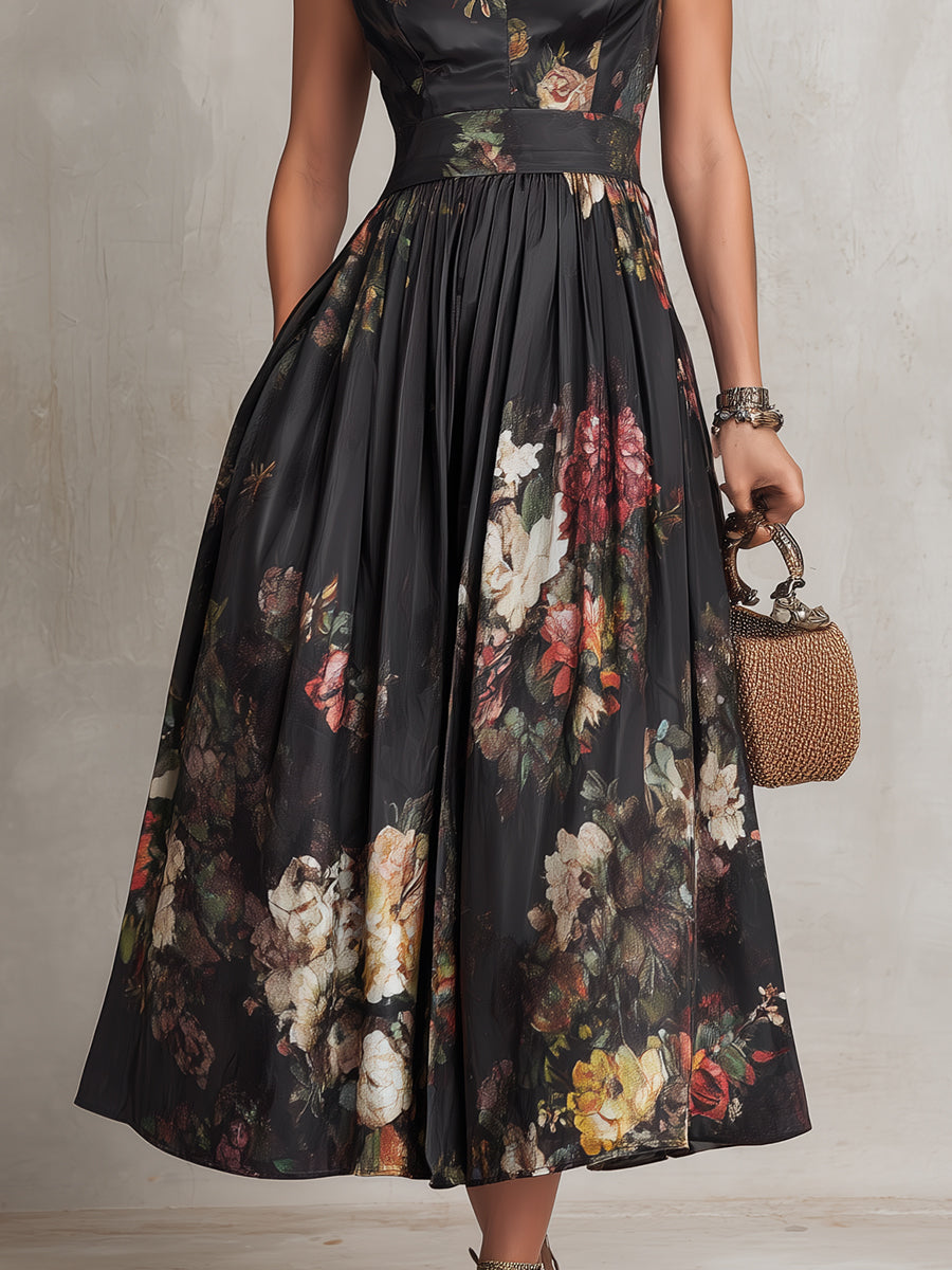 Abito Midi in Satin Nero con Collo a Fessura Floreale Plissettato