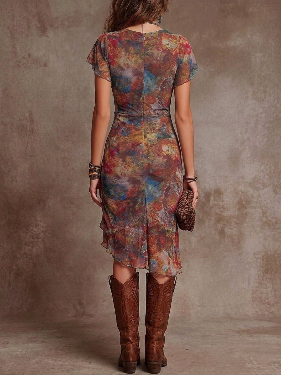Robe Midi Plissée Bohémien con Collo a V e Stampa Arte Astratta