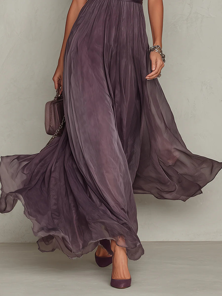 Abito Maxi in Mousseline con Scollatura a Chiave e Bordo in Pizzo Viola