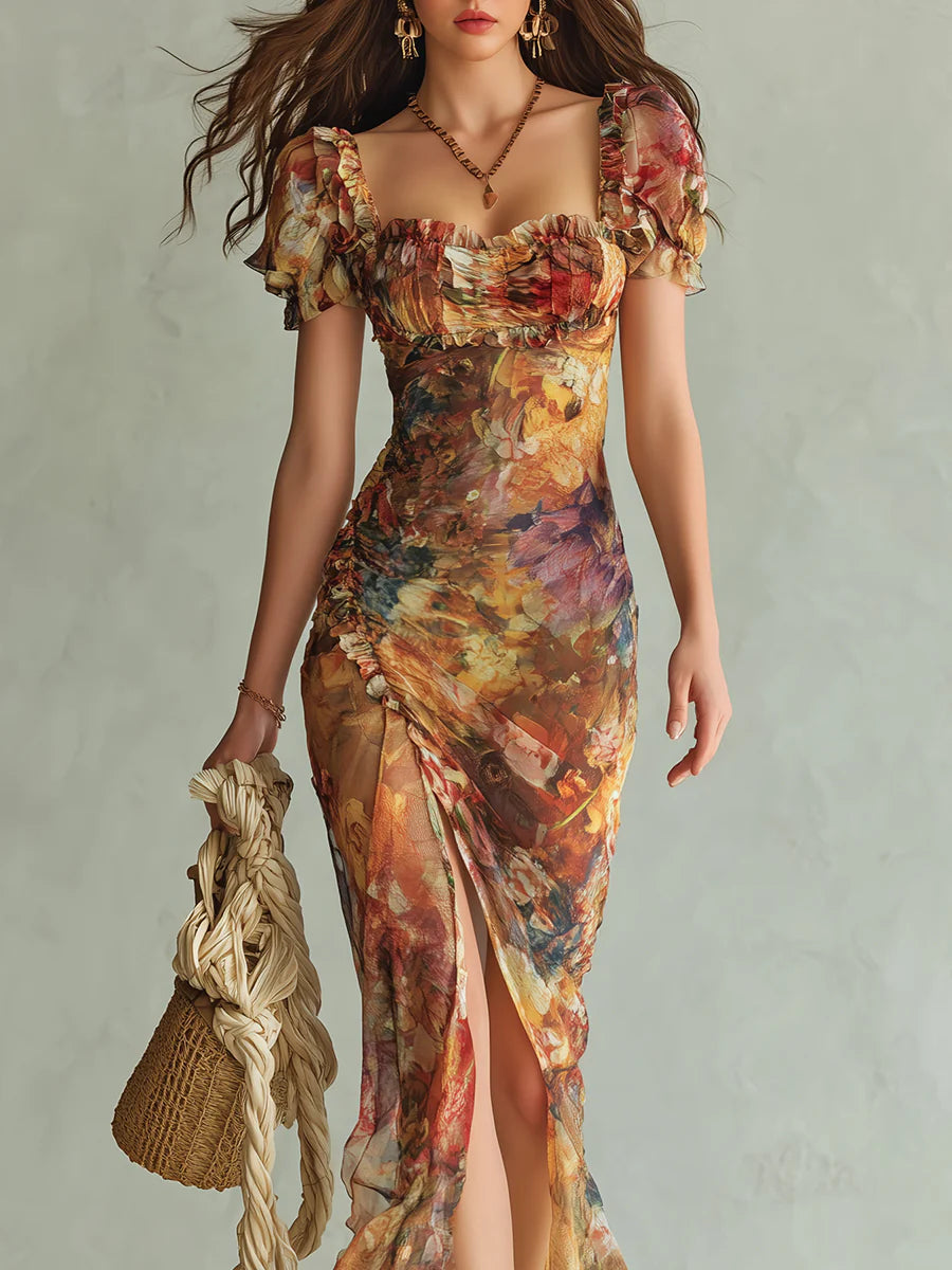 Robe Maxi in Mousseline Arancione Bohemien con Stampa Pittura a Olio Stile Vacanze