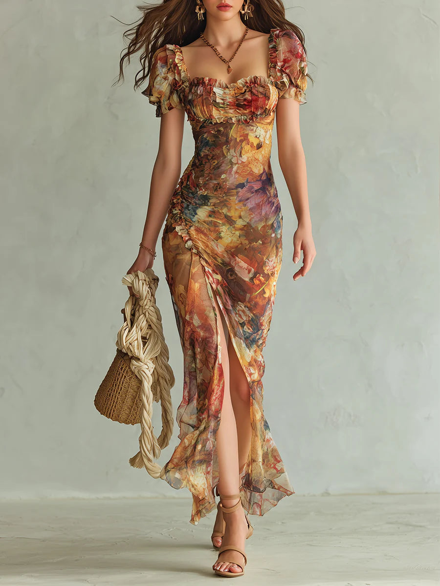 Robe Maxi in Mousseline Arancione Bohemien con Stampa Pittura a Olio Stile Vacanze