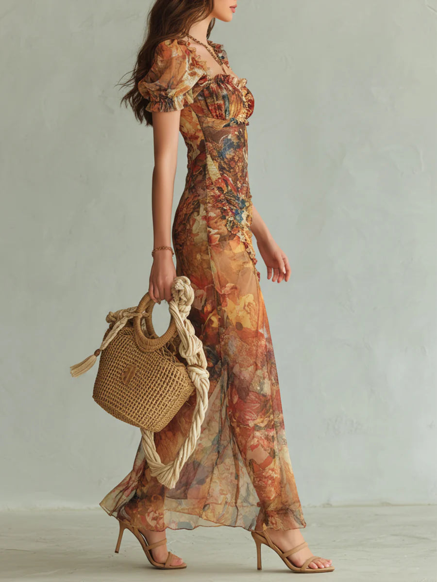 Robe Maxi in Mousseline Arancione Bohemien con Stampa Pittura a Olio Stile Vacanze