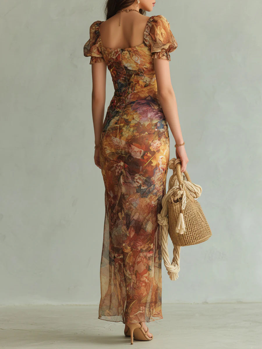 Robe Maxi in Mousseline Arancione Bohemien con Stampa Pittura a Olio Stile Vacanze
