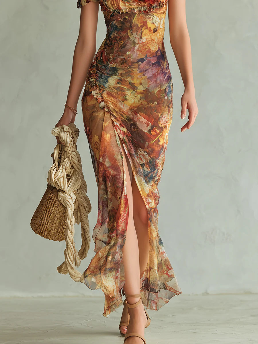 Robe Maxi in Mousseline Arancione Bohemien con Stampa Pittura a Olio Stile Vacanze