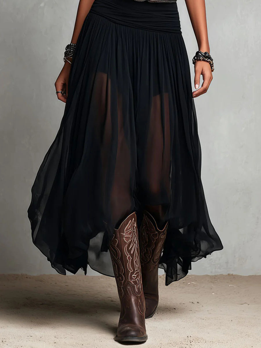 Abito Maxi Nero Senza Maniche con Gonna in Tulle (con cintura)
