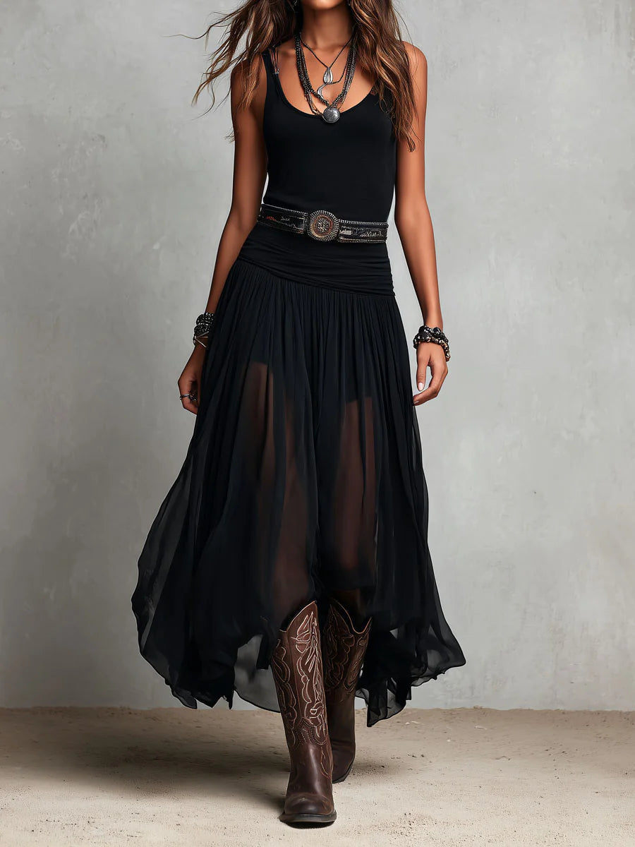 Abito Maxi Nero Senza Maniche con Gonna in Tulle (con cintura)
