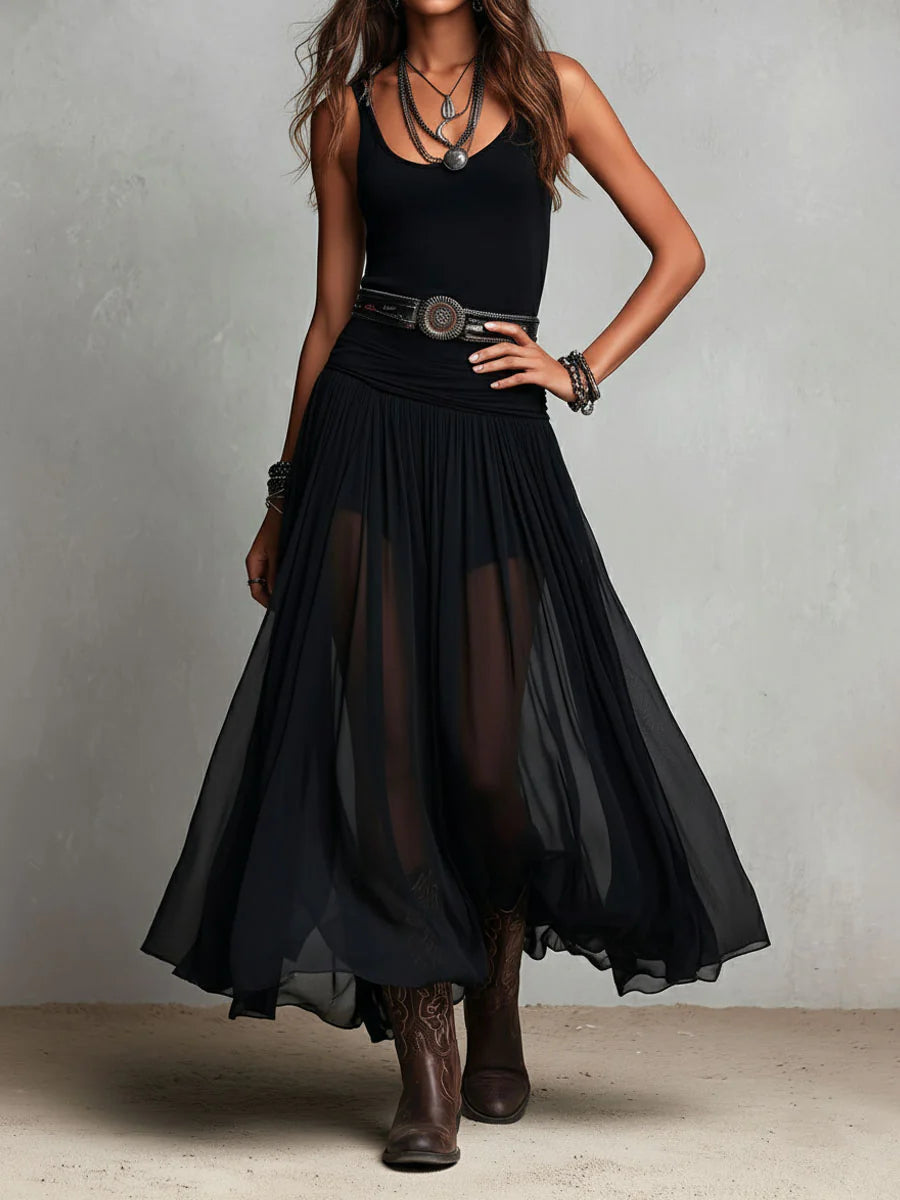Abito Maxi Nero Senza Maniche con Gonna in Tulle (con cintura)
