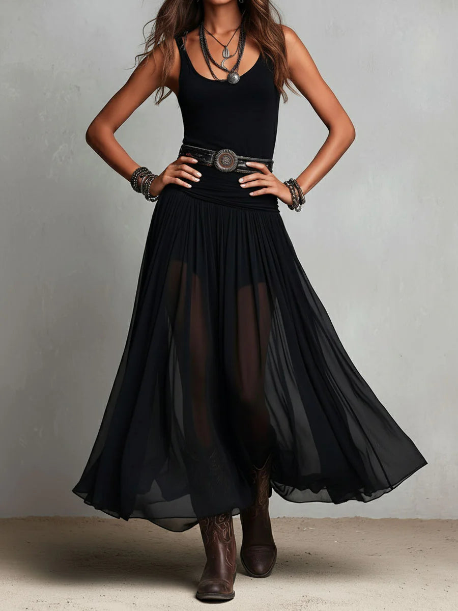 Abito Maxi Nero Senza Maniche con Gonna in Tulle (con cintura)