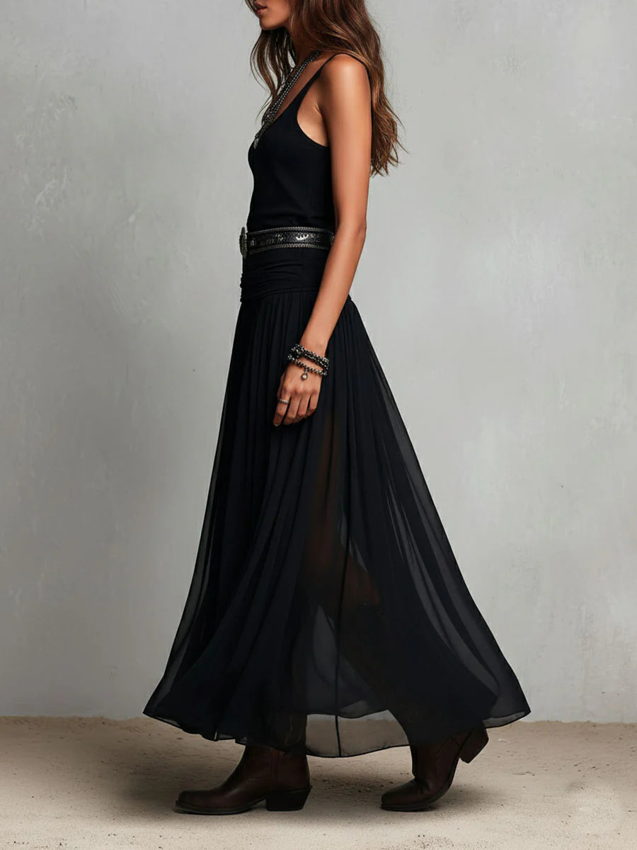 Abito Maxi Nero Senza Maniche con Gonna in Tulle (con cintura)