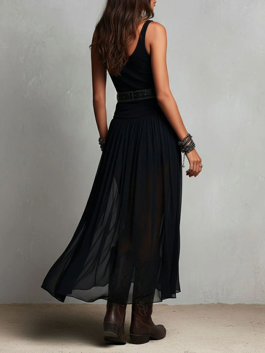 Abito Maxi Nero Senza Maniche con Gonna in Tulle (con cintura)