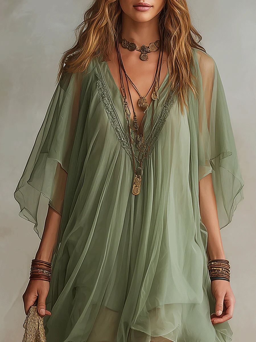 Abito Mini Fluttuante a Strati in Chiffon Verde con Scollatura a V
