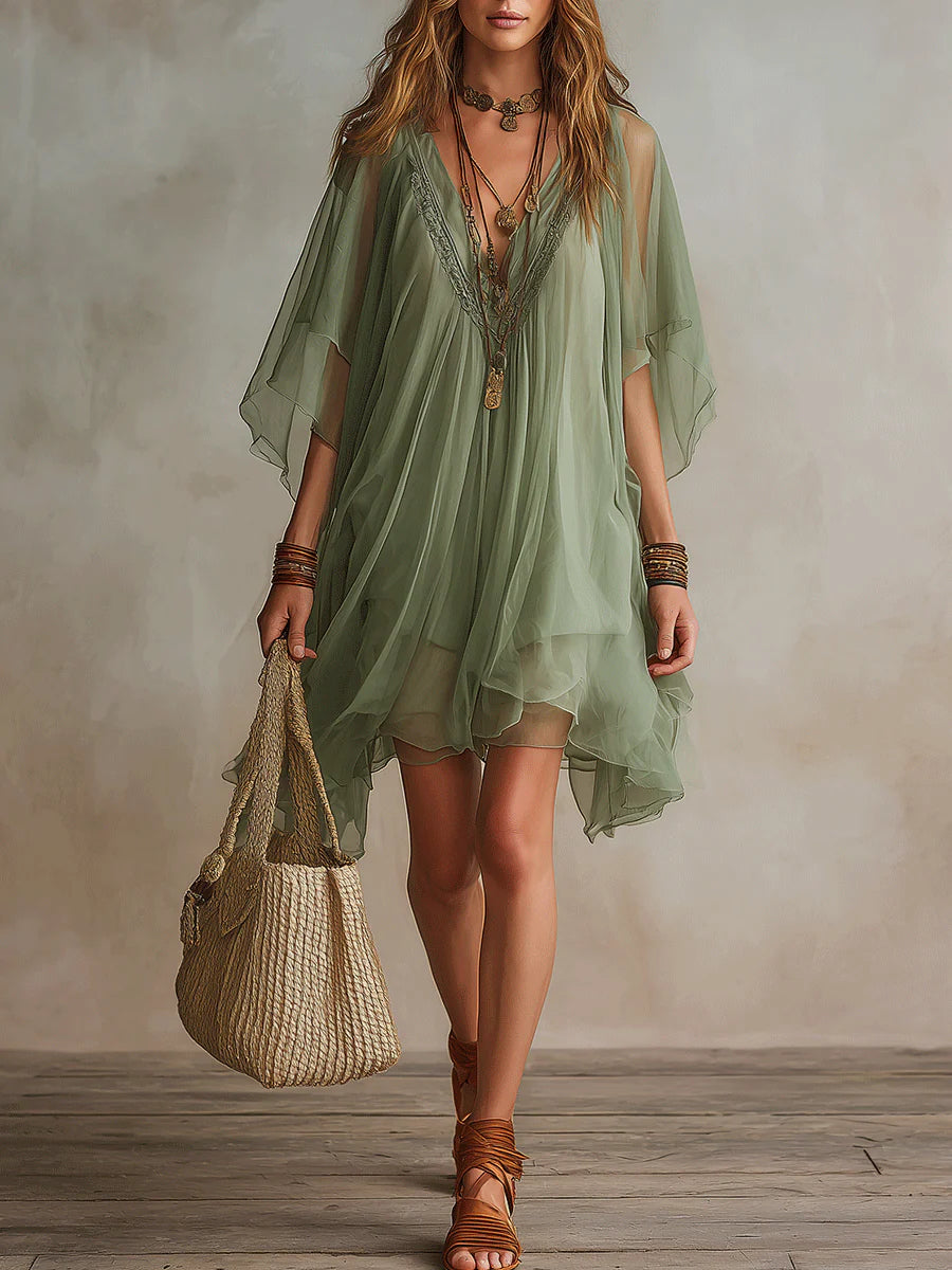 Abito Mini Fluttuante a Strati in Chiffon Verde con Scollatura a V