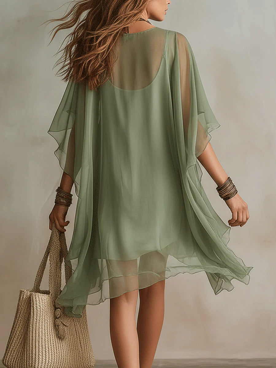 Abito Mini Fluttuante a Strati in Chiffon Verde con Scollatura a V