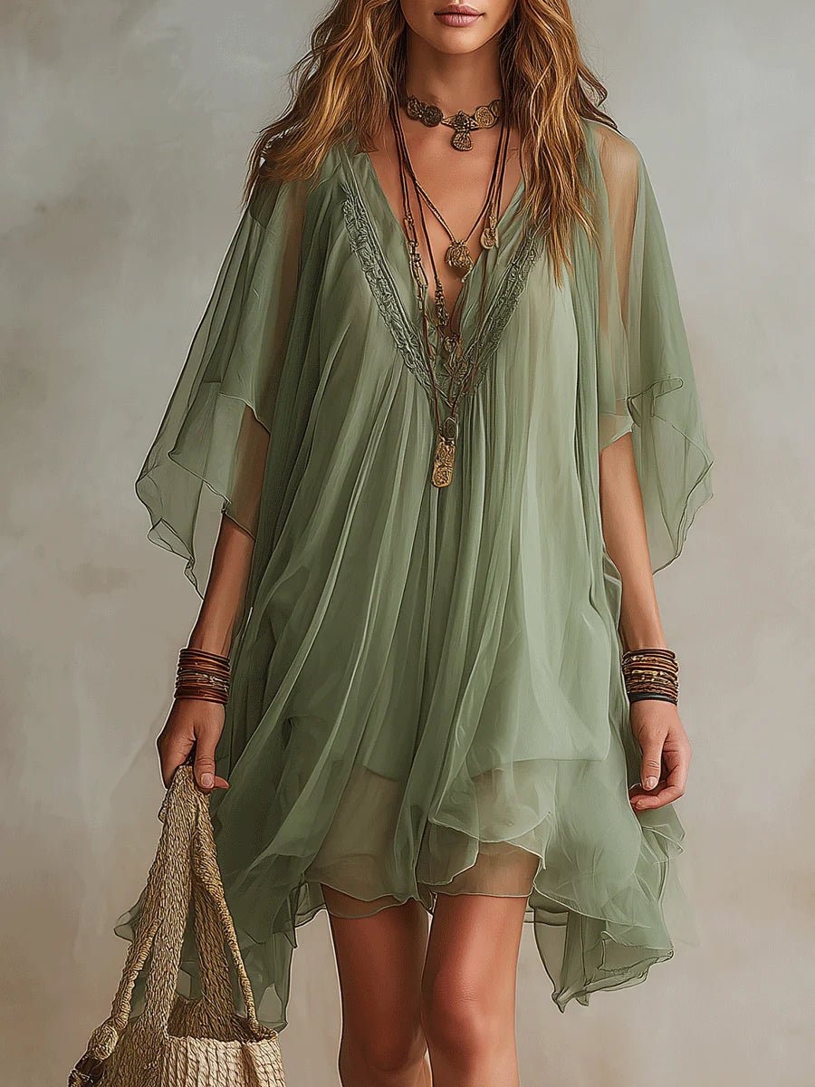 Abito Mini Fluttuante a Strati in Chiffon Verde con Scollatura a V