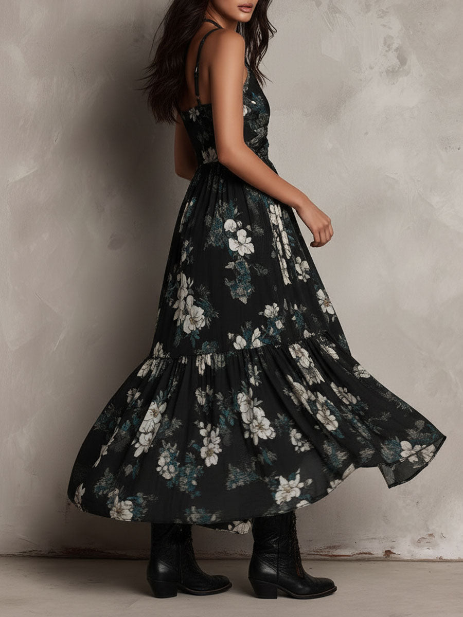 Abito Maxi Nero Bohemien con Stampa Floreale Irregolare Senza Spalline