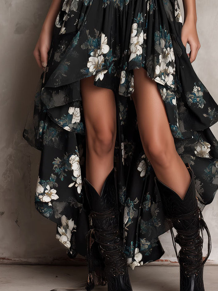 Abito Maxi Nero Bohemien con Stampa Floreale Irregolare Senza Spalline