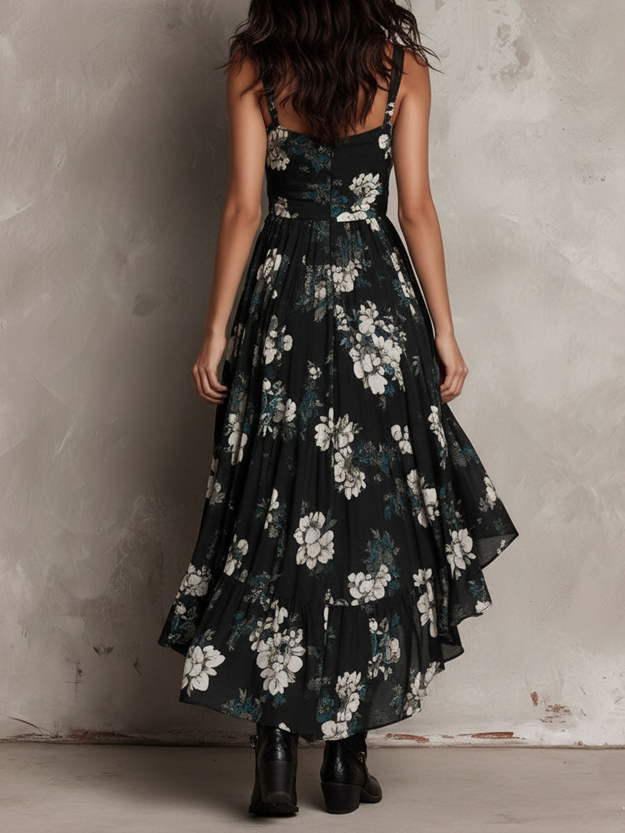 Abito Maxi Nero Bohemien con Stampa Floreale Irregolare Senza Spalline