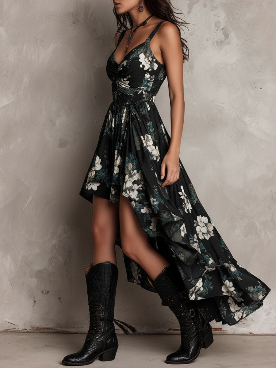 Abito Maxi Nero Bohemien con Stampa Floreale Irregolare Senza Spalline
