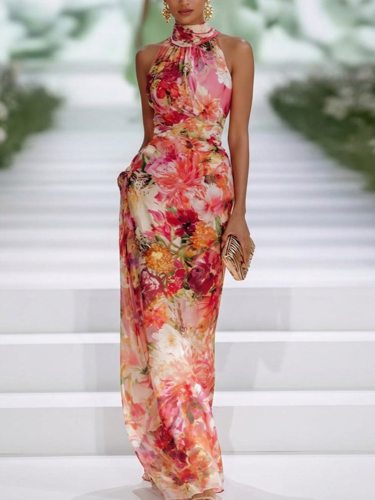 Maxi Abito in Mousseline Rossa a Fiori con Collo Licou Senza Maniche