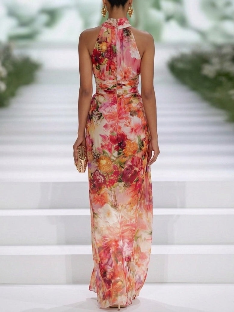 Maxi Abito in Mousseline Rossa a Fiori con Collo Licou Senza Maniche