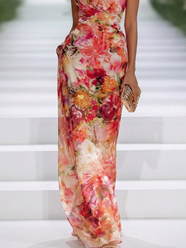 Maxi Abito in Mousseline Rossa a Fiori con Collo Licou Senza Maniche