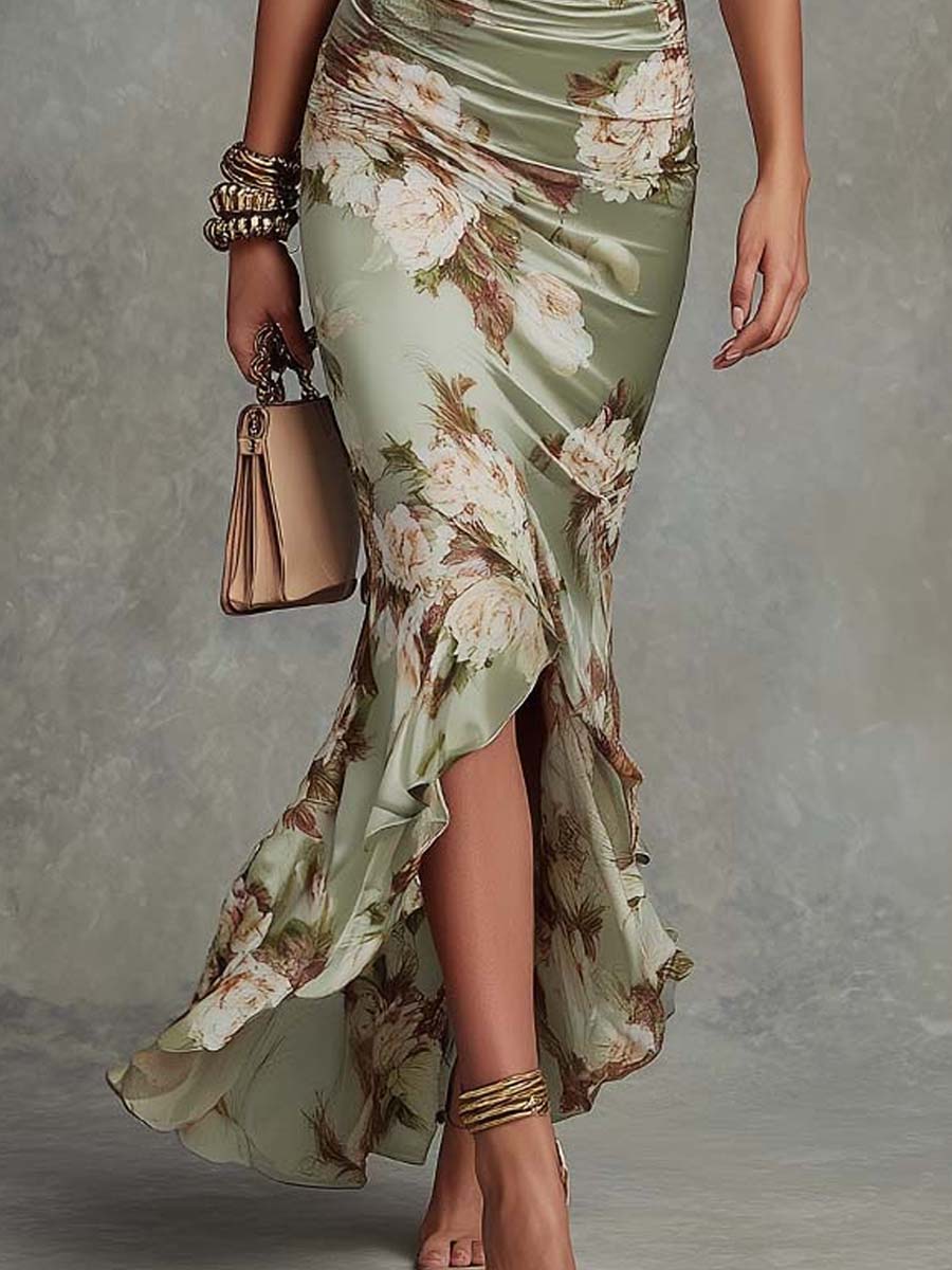 Robe Maxi in Raso Verde a Fiori Col V Maniche a Campana Volantate Taglio Asimmetrico