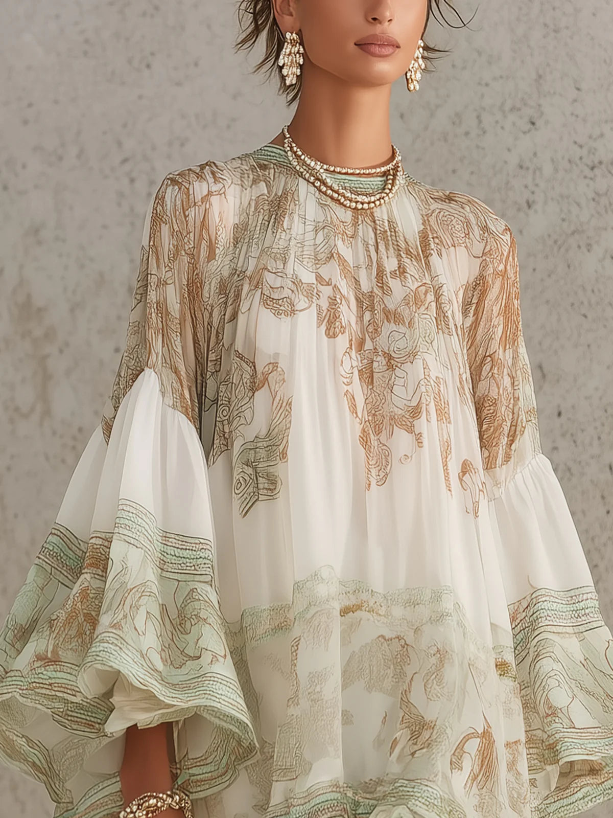 Mini Abito in Chiffon Verde con Stampa a Balze e Maniche a Volant