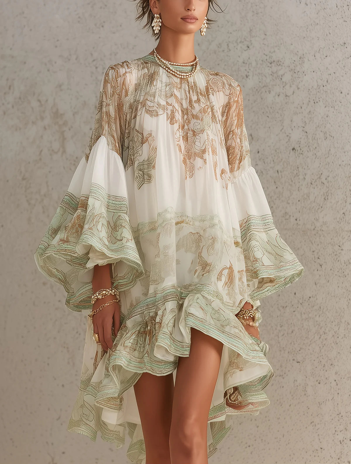 Mini Abito in Chiffon Verde con Stampa a Balze e Maniche a Volant