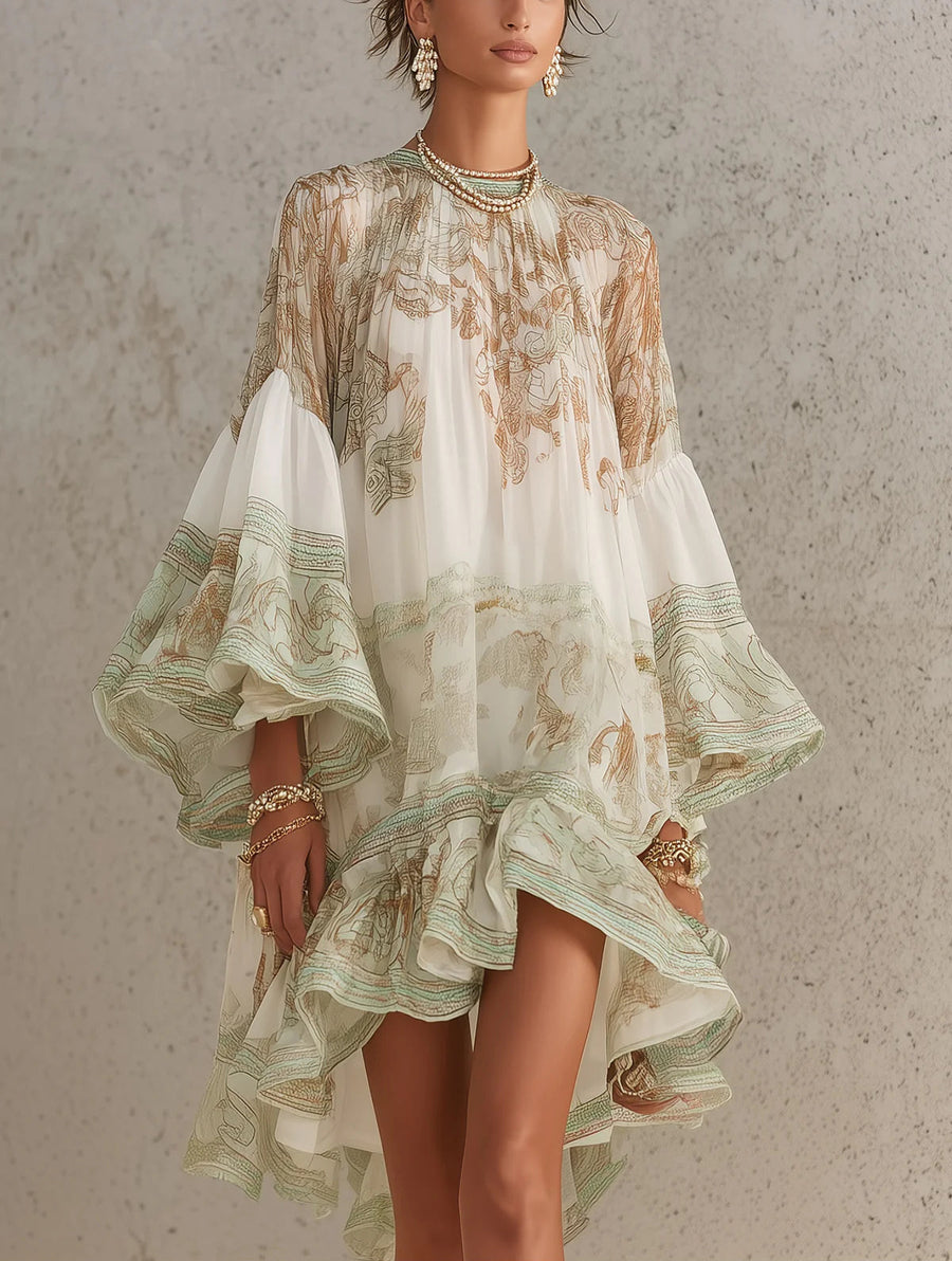Mini Abito in Chiffon Verde con Stampa a Balze e Maniche a Volant