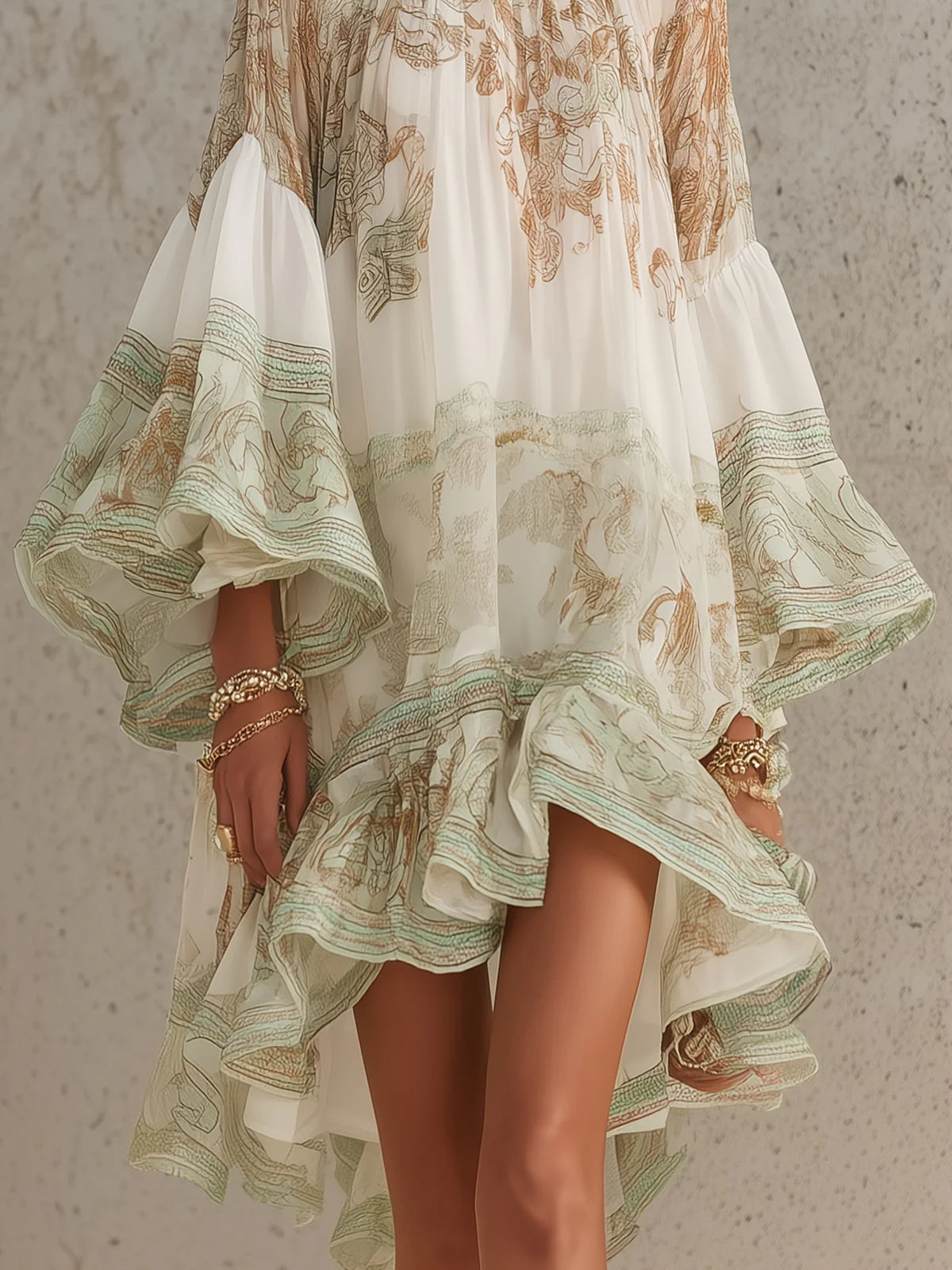 Mini Abito in Chiffon Verde con Stampa a Balze e Maniche a Volant